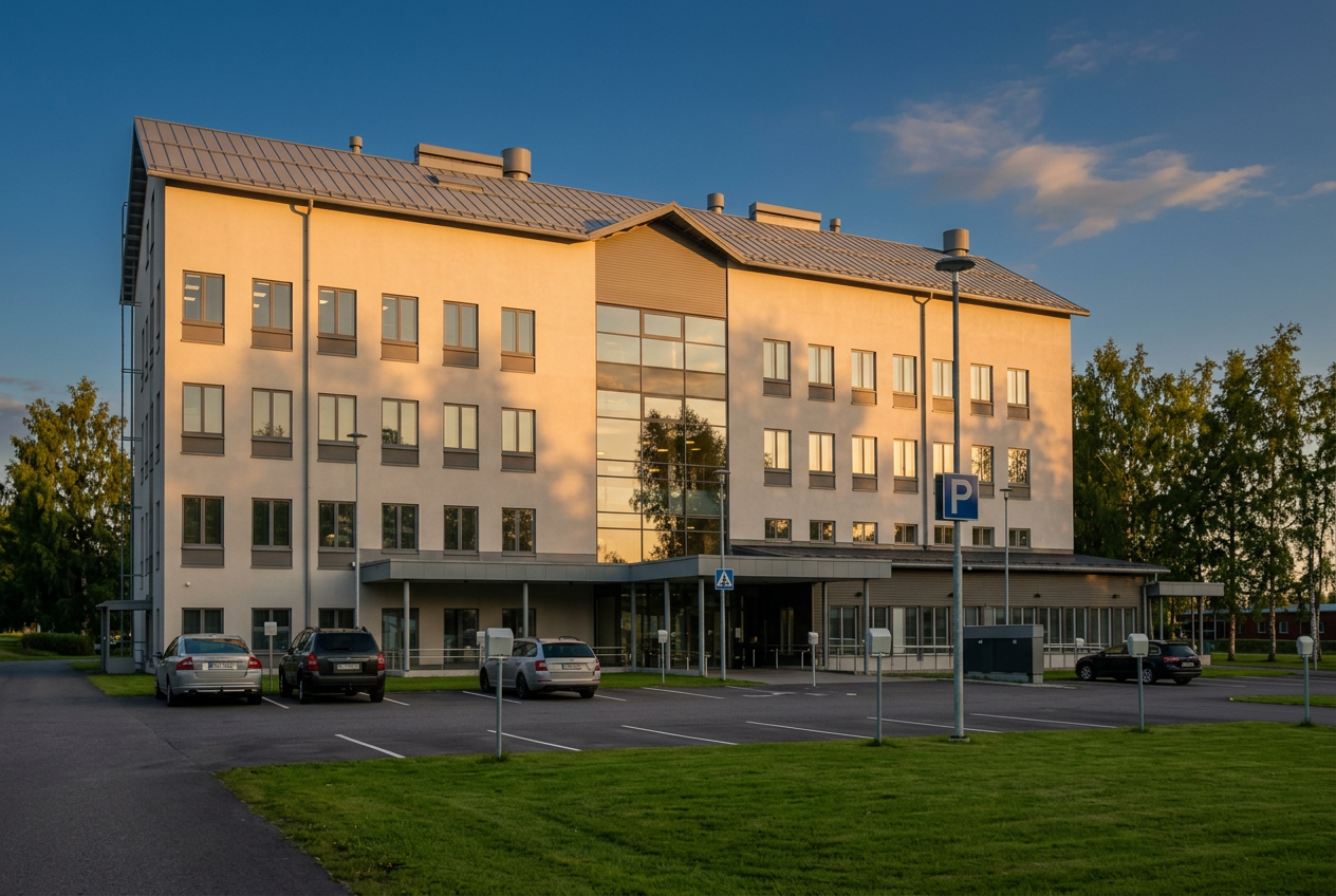 GARMEROn toimitilarakennus kesäisessä iltavalossa, edessä nurmikko ja pysäköintialue